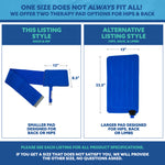 Comparison of two therapy pad options for back and hips with measurements and text on a white background.