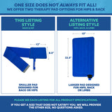 Comparison of two therapy pad options for back and hips with measurements and text on a white background.