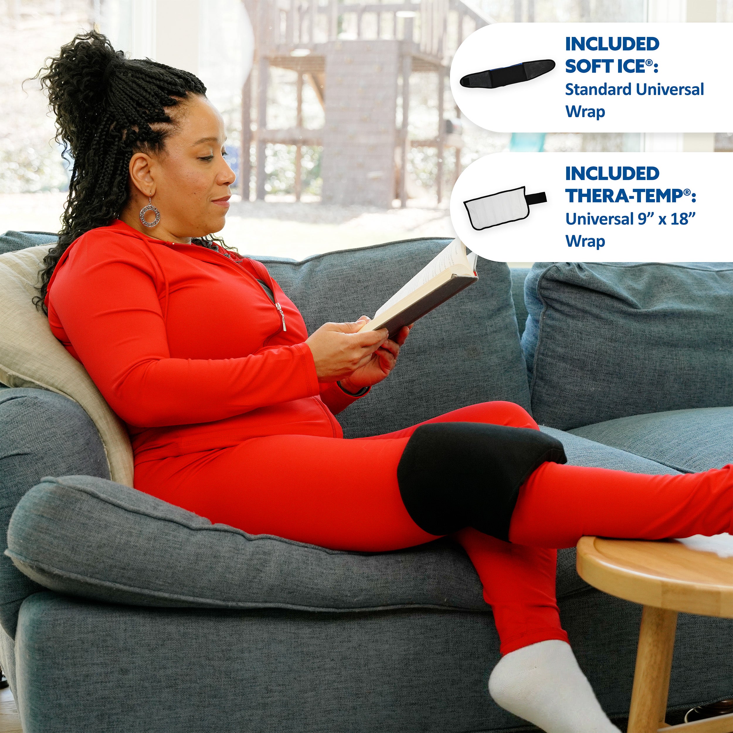 A woman in a red outfit relaxes on a gray couch, reading a book while wearing a black Soft Ice® standard universal wrap. Two callout bubbles on the right show included products: a Soft Ice standard universal wrap and a Thera-Temp universal 9 x 18 inch wrap.