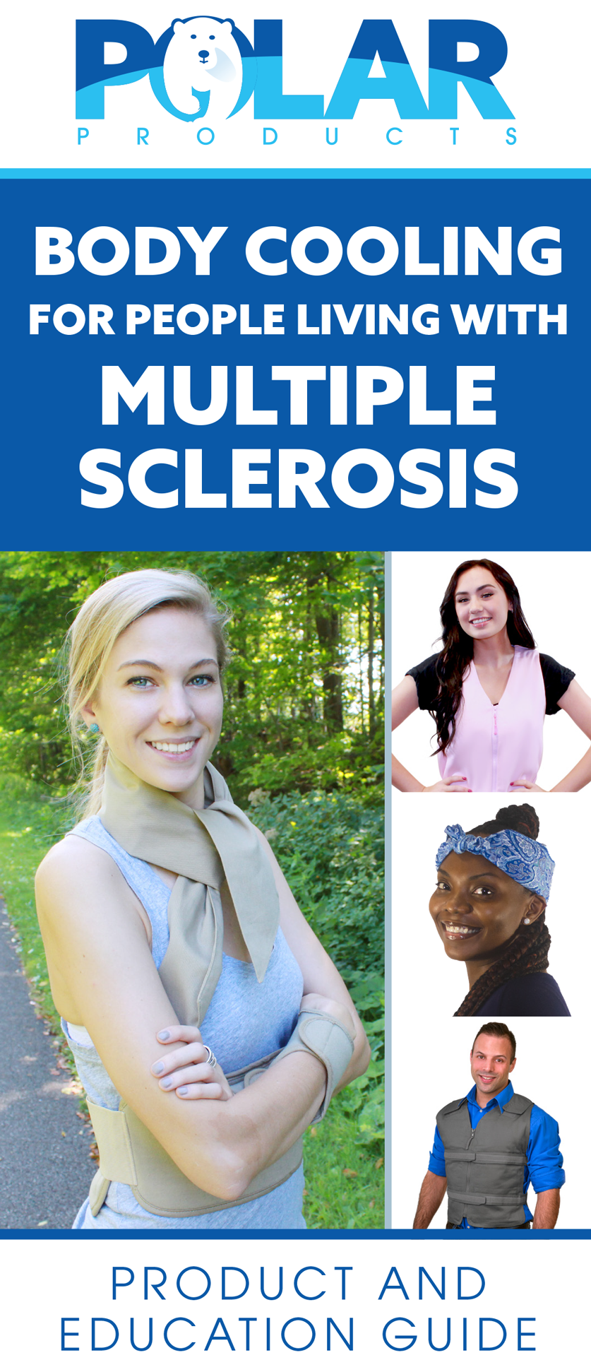Promotional graphic for a 'Polar Products' guide titled 'Body Cooling for People Living with Multiple Sclerosis'. The design features a blue header with white text, a main photo of a smiling blonde woman outdoors, and three smaller photos of other women on the right, with the text 'Product and Education Guide' at the bottom.