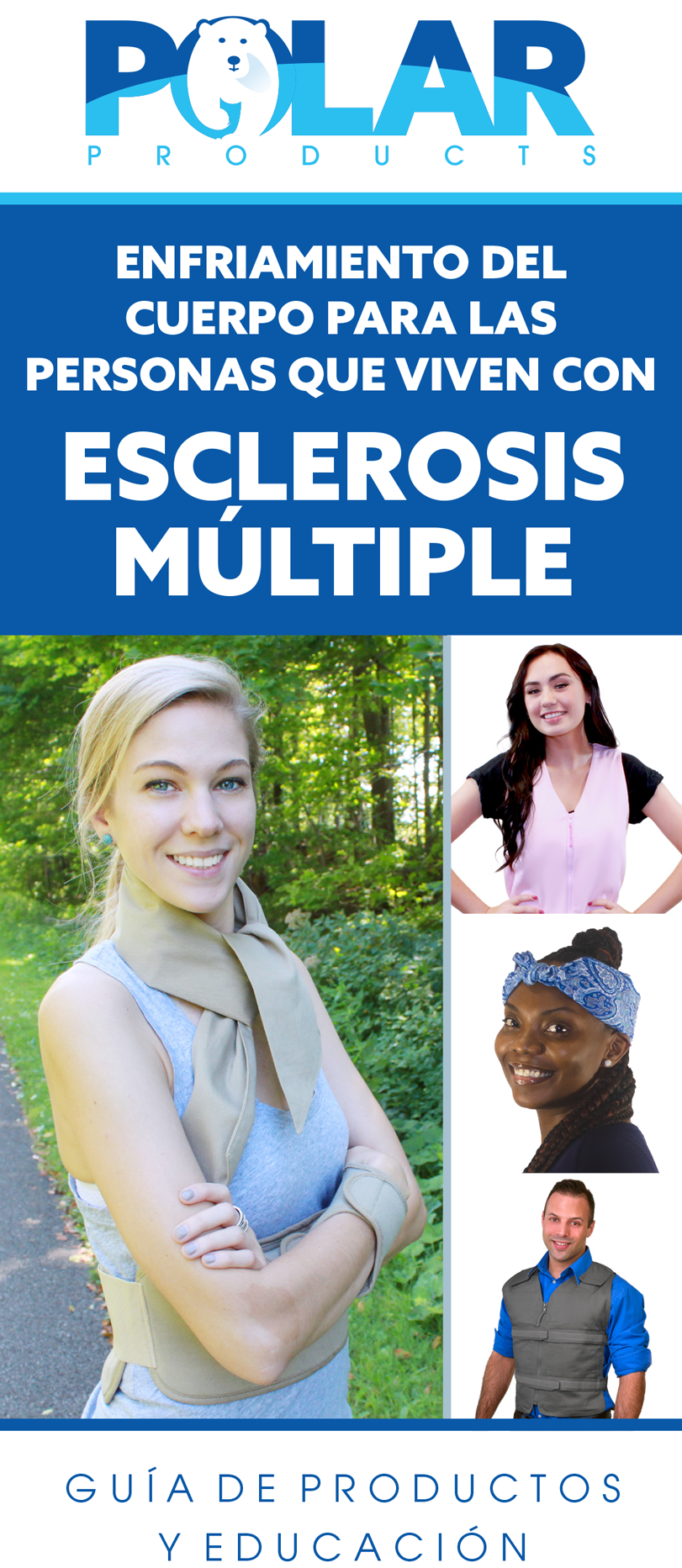 Spanish promotional graphic for Polar Products featuring the Polar Products logo at the top, large white and blue text reading 'Enfriamiento del cuerpo para las personas que viven con esclerosis múltiple,' three inset photos of people outdoors and indoors, and the bottom text 'Guía de productos y educación.'.