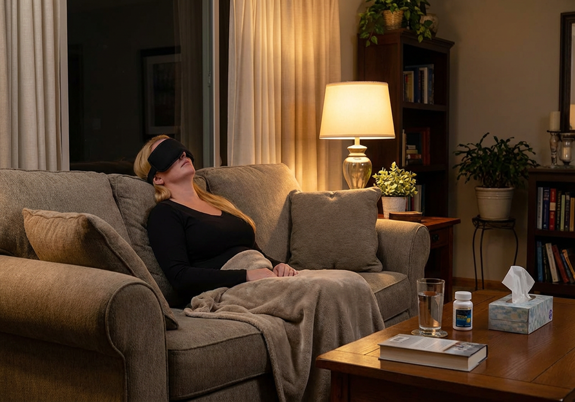 Woman resting on a couch with a sleep mask in a dimly lit living room.