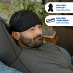 A man reclining indoors wearing a black head and neck Soft Ice® wrap. Two white callout bubbles on the right show included accessories: a soft ice head and neck wrap and a Thera-Temp eye and sinus wrap.