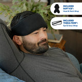 A man reclining indoors wearing a black head and neck Soft Ice® wrap. Two white callout bubbles on the right show included accessories: a soft ice head and neck wrap and a Thera-Temp eye and sinus wrap.
