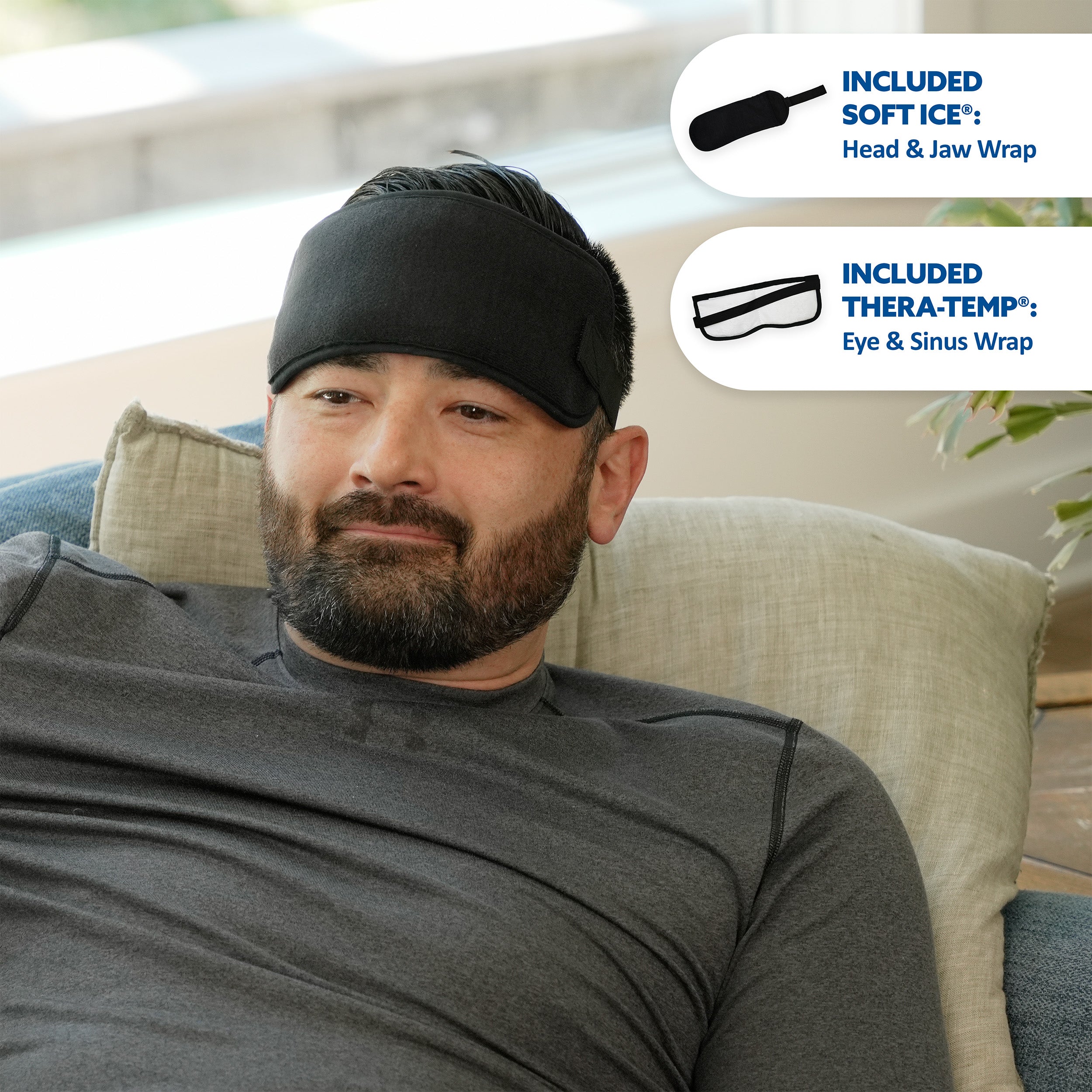 A man reclining on a couch wearing a black Soft Ice® head and jaw wrap. Two callout bubbles on the right show included accessories: a soft ice pack and a Thera-Temp eye and sinus wrap.