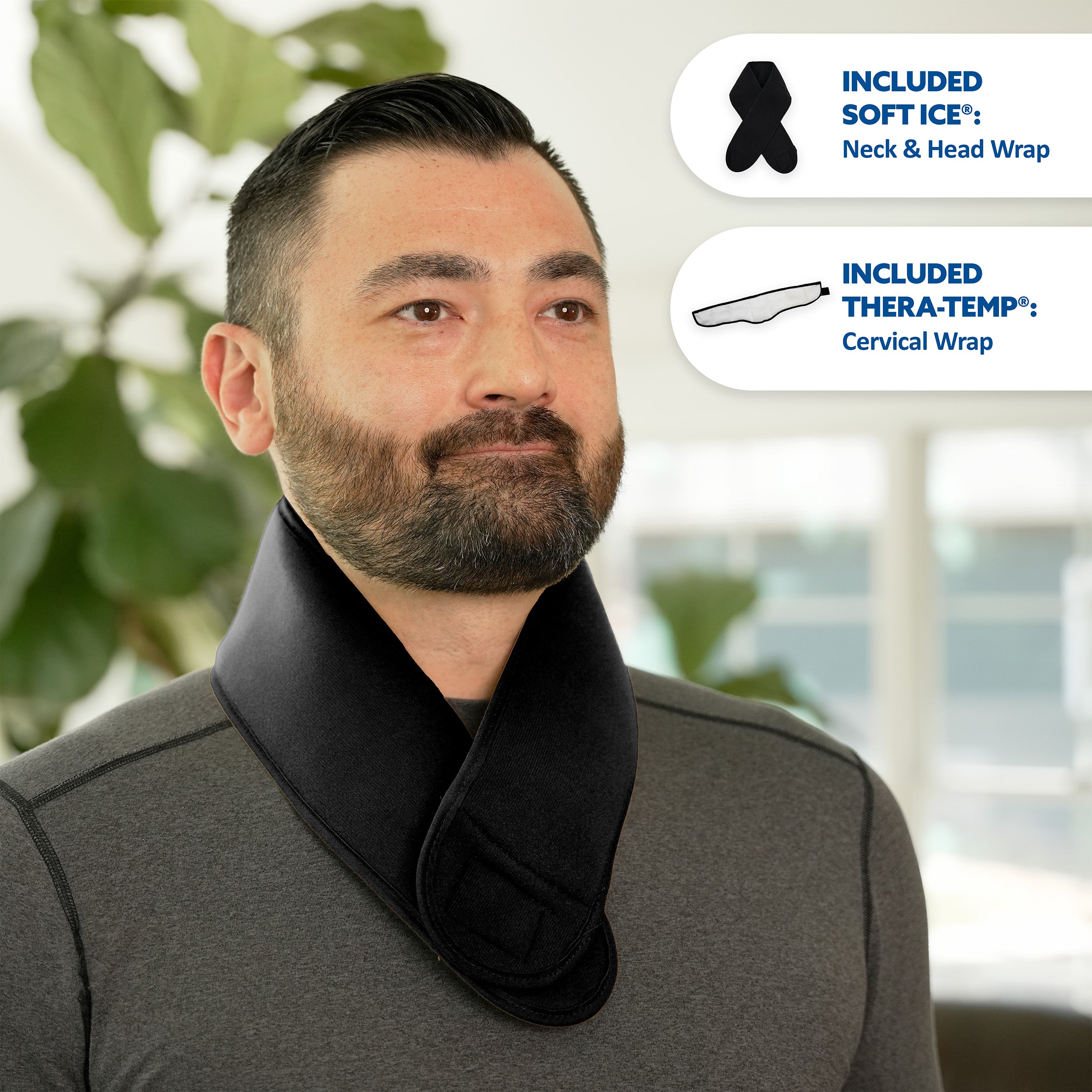 A man wearing a black neck and head Soft Ice® wrap with two callout bubbles on the right listing included items: a soft ice neck and head wrap and a Thera-Temp cervical wrap.