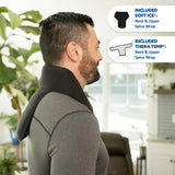 A man in profile wearing a black Soft Ice® neck and upper spine wrap, with two callout bubbles on the right listing included items: a soft ice neck and upper spine wrap and a Thera-Temp neck and upper spine wrap.