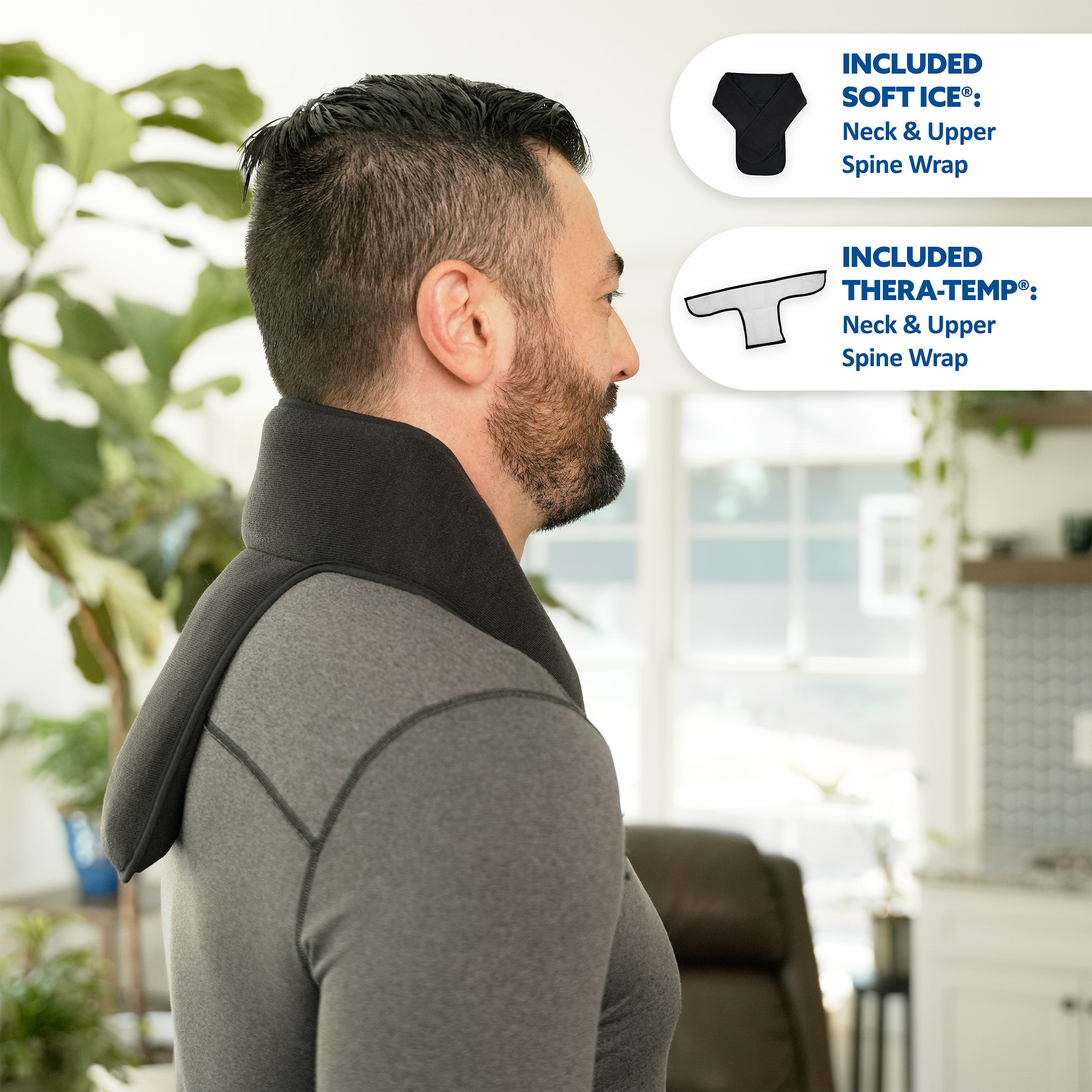 A man in profile wearing a black Soft Ice® neck and upper spine wrap, with two callout bubbles on the right listing included items: a soft ice neck and upper spine wrap and a Thera-Temp neck and upper spine wrap.