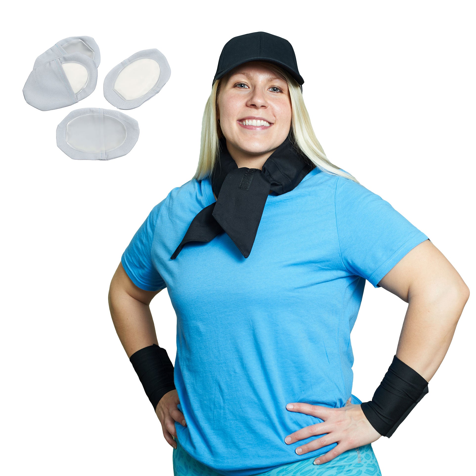 Woman wearing a blue shirt with black quick dry cooling wrist wraps, deluxe cooling neck wrap, cooling baseball hat, and in the corner shows the bra coolers, on a white background.