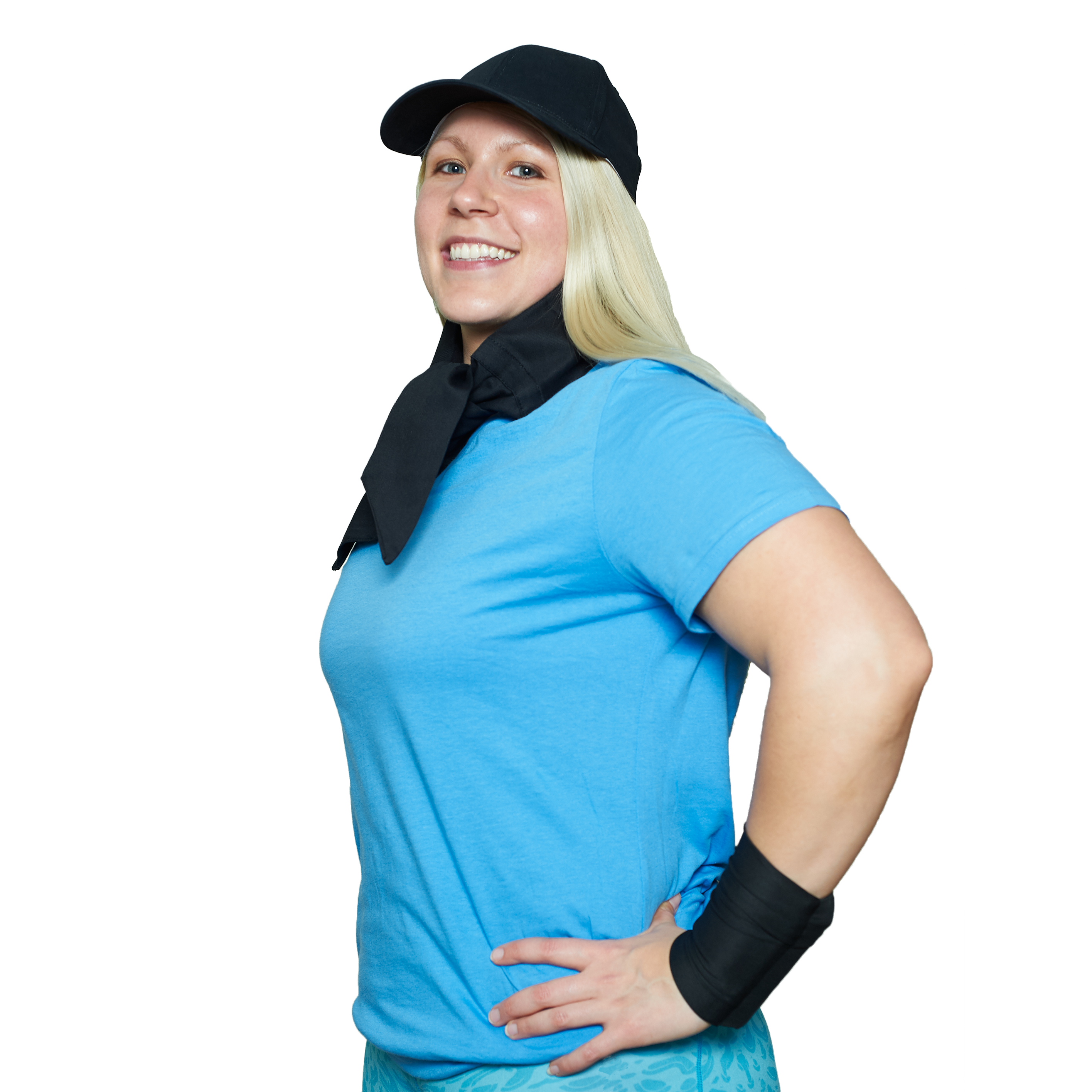 Woman wearing a blue shirt and a cooling kit that consists of cooling wrist wraps, deluxe cooling neck wrap, and black cooling baseball hat.