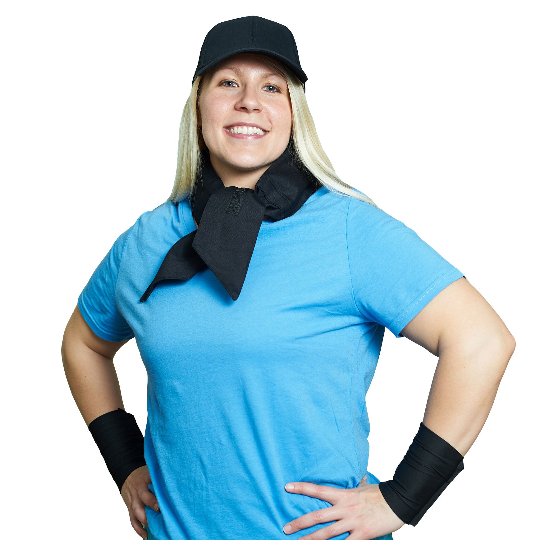Woman wearing a blue shirt and a cooling kit that consists of cooling wrist wraps, deluxe cooling neck wrap, and black cooling baseball hat.