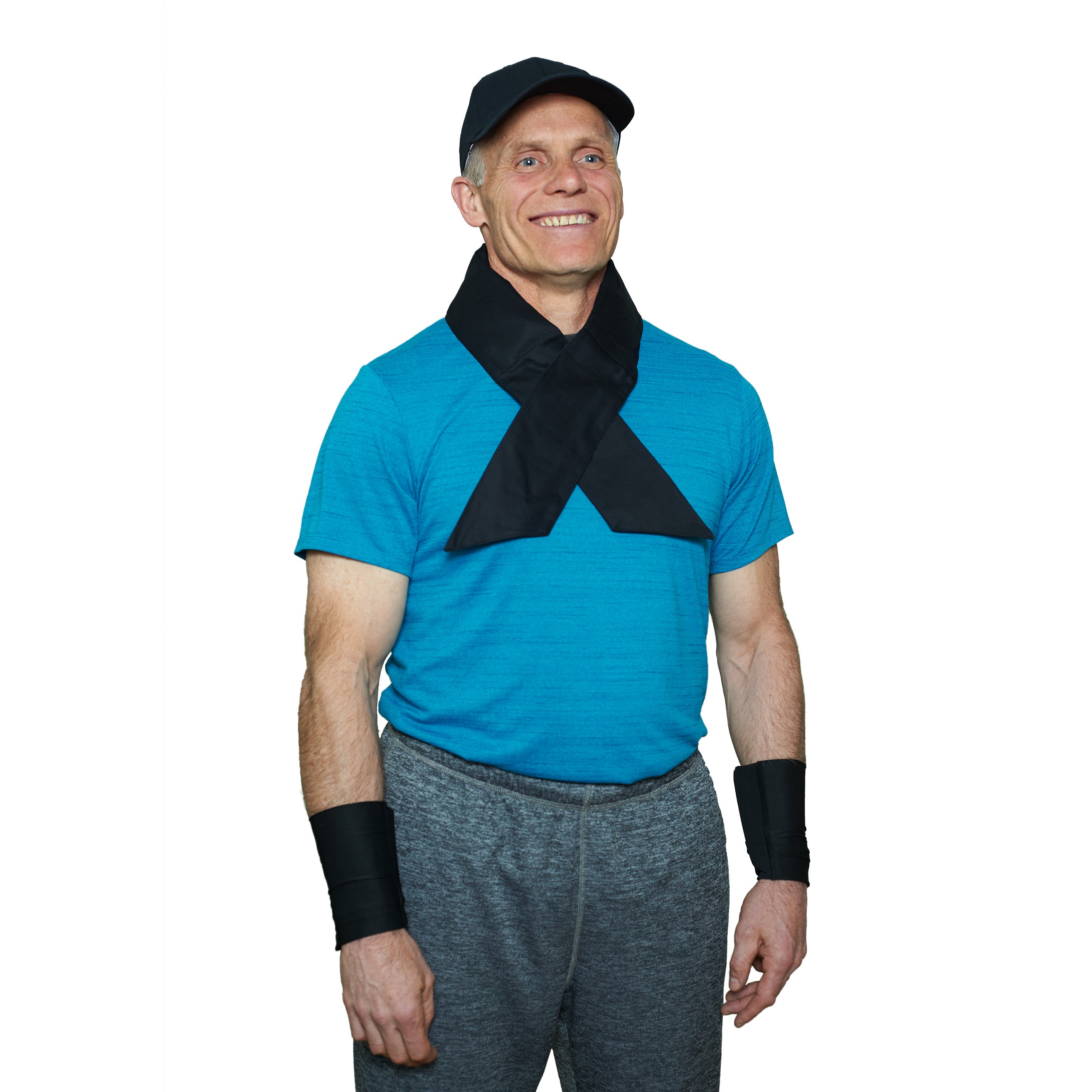 Man wearing a blue shirt and a cooling kit that consists of cooling wrist wraps, deluxe cooling neck wrap, and black cooling baseball hat.