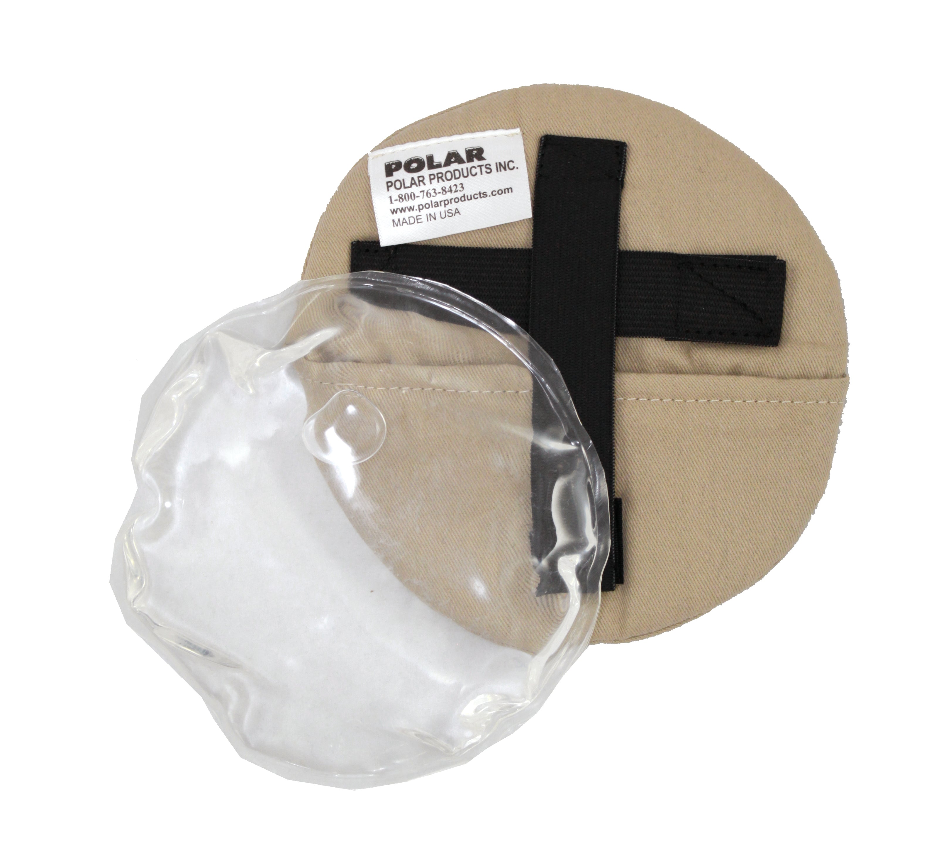 Tan fabric cooling cover with black velcro tabs and Polar Products Inc. label on a white background with it's matching cooling pack that goes inside.