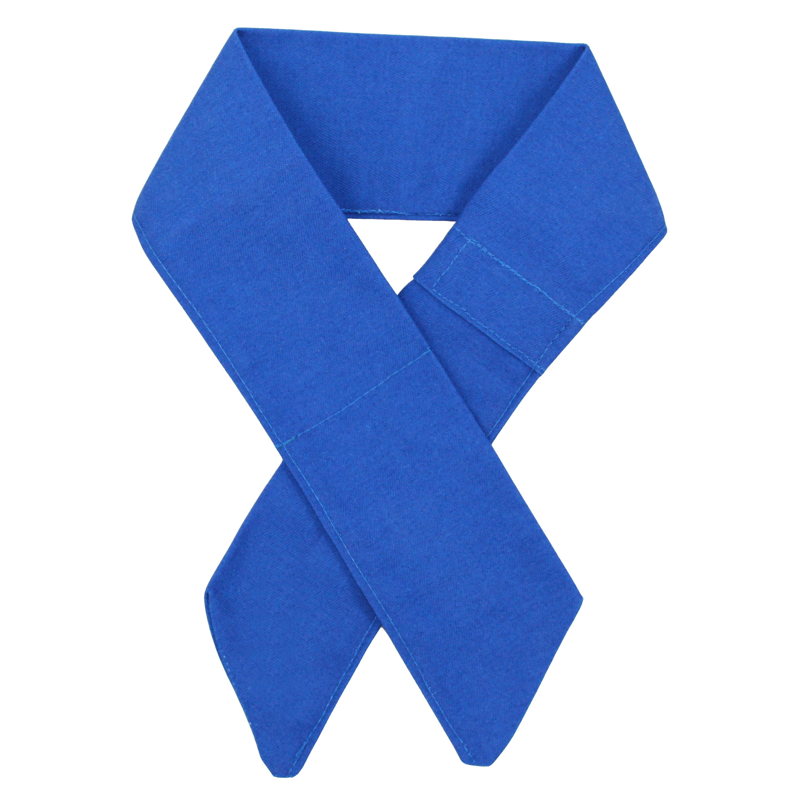 A royal blue cooling neck wrap, styled in a loop and crossed-over shape on a plain white background.
