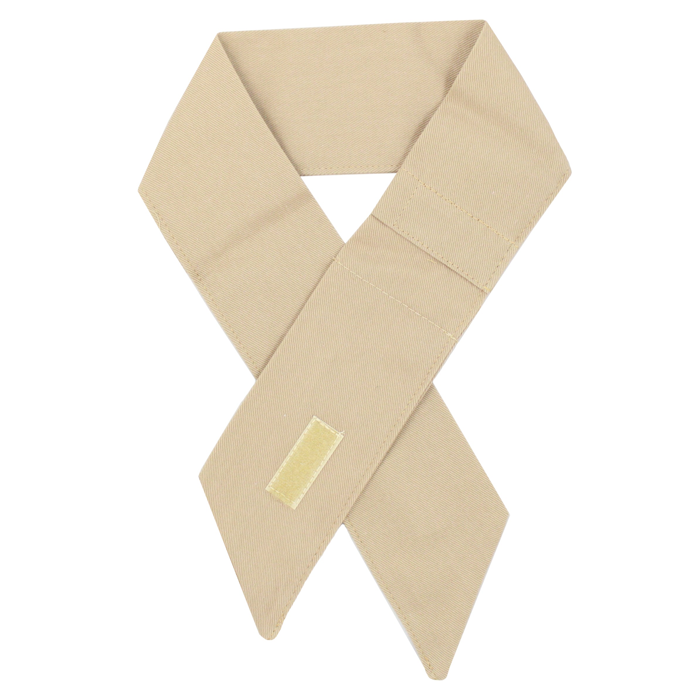 A khaki cooling neck wrap, styled in a loop and crossed-over shape on a plain white background.