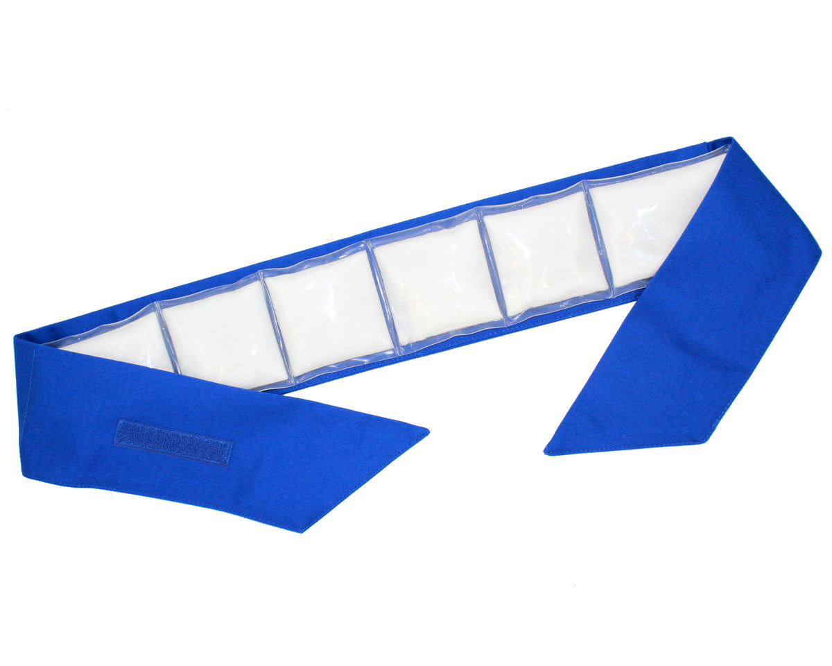 A blue cooling neck wrap with Cool58® phase change cooling packs photographed on a white background.