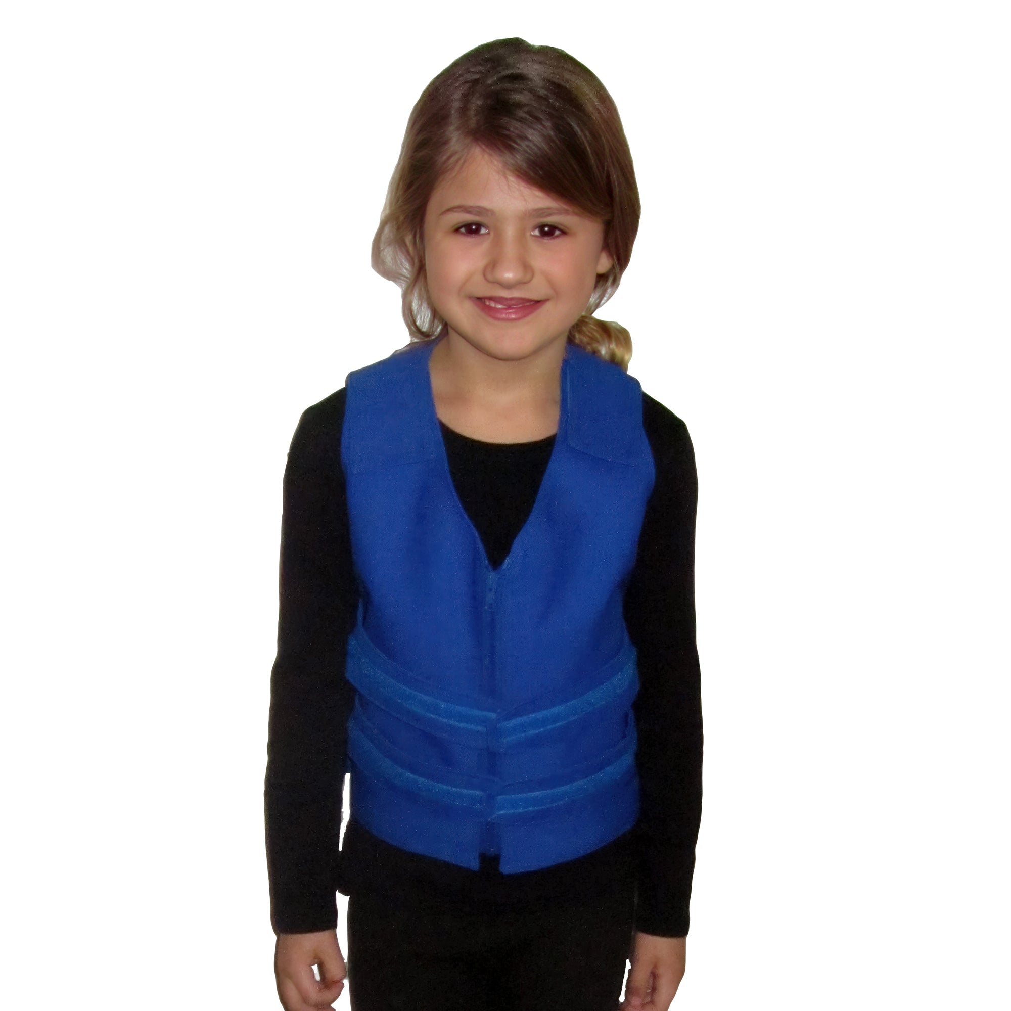 A young girl with light brown hair wearing a bright blue adjustable cooling vest over a black long-sleeve shirt, standing against a plain white background.