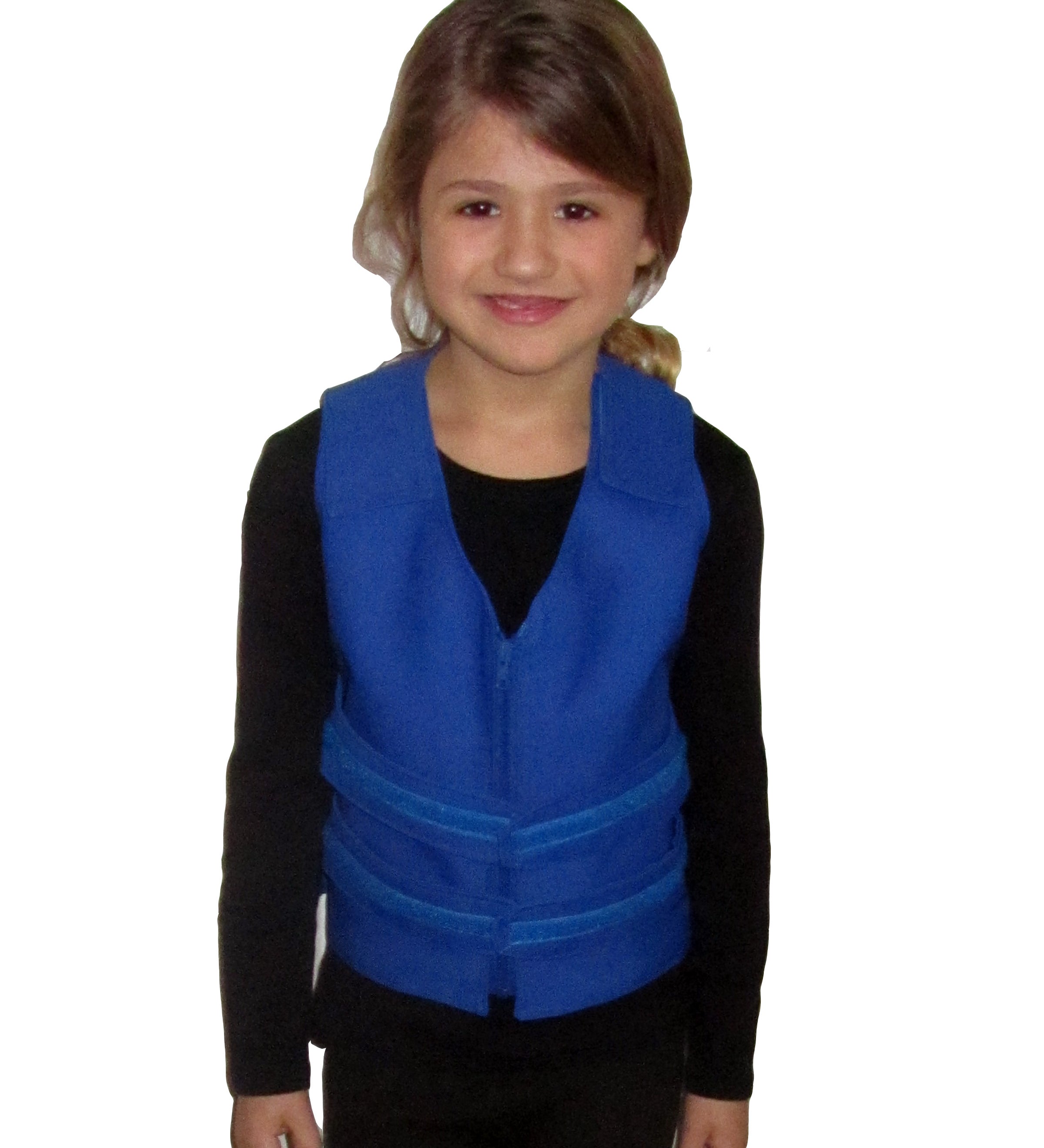 A young girl with light brown hair wearing a bright blue adjustable cooling vest over a black long-sleeve shirt, standing against a plain white background.