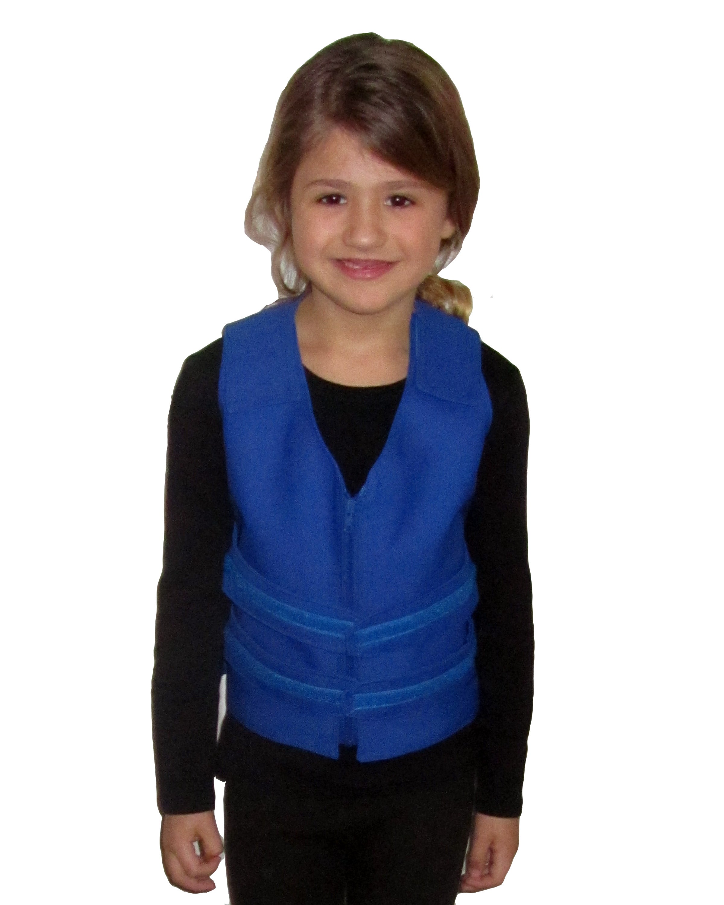 A young girl with light brown hair wearing a bright blue adjustable cooling vest over a black long-sleeve shirt, standing against a plain white background.