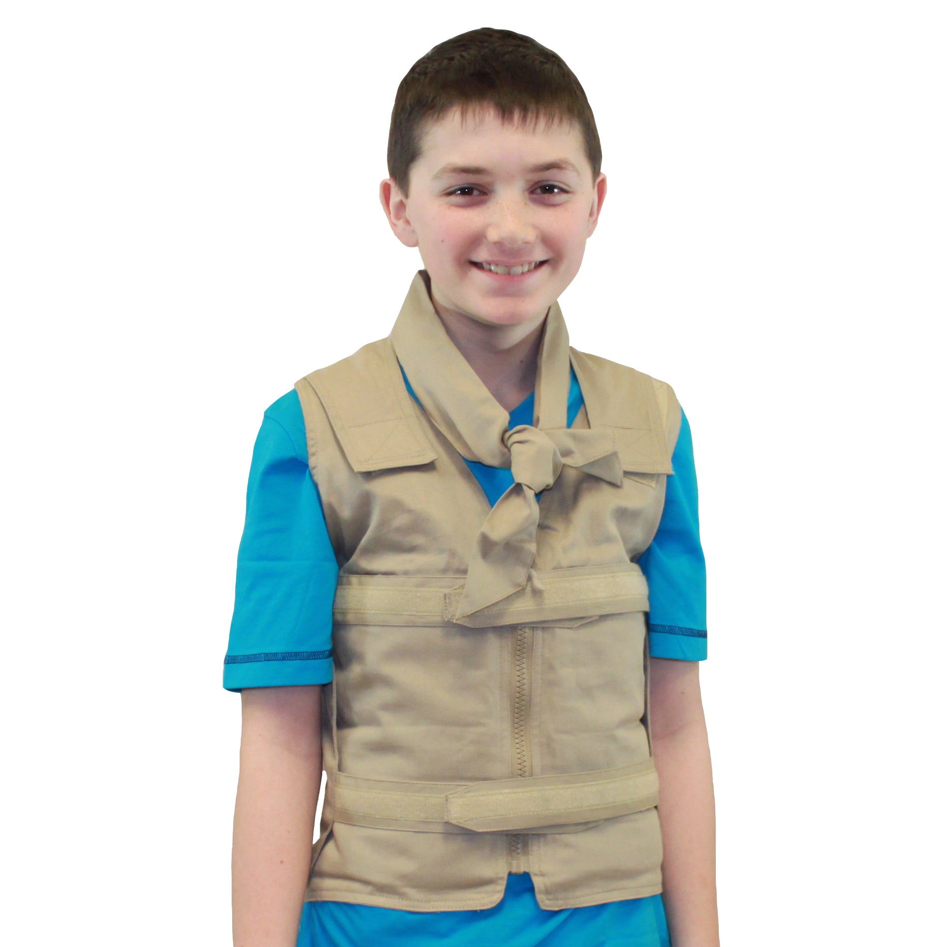Child wearing a beige Cool Kids™ Cooling Kit with Vest, Neck Wrap, Extra Packs with a blue shirt underneath on a white background