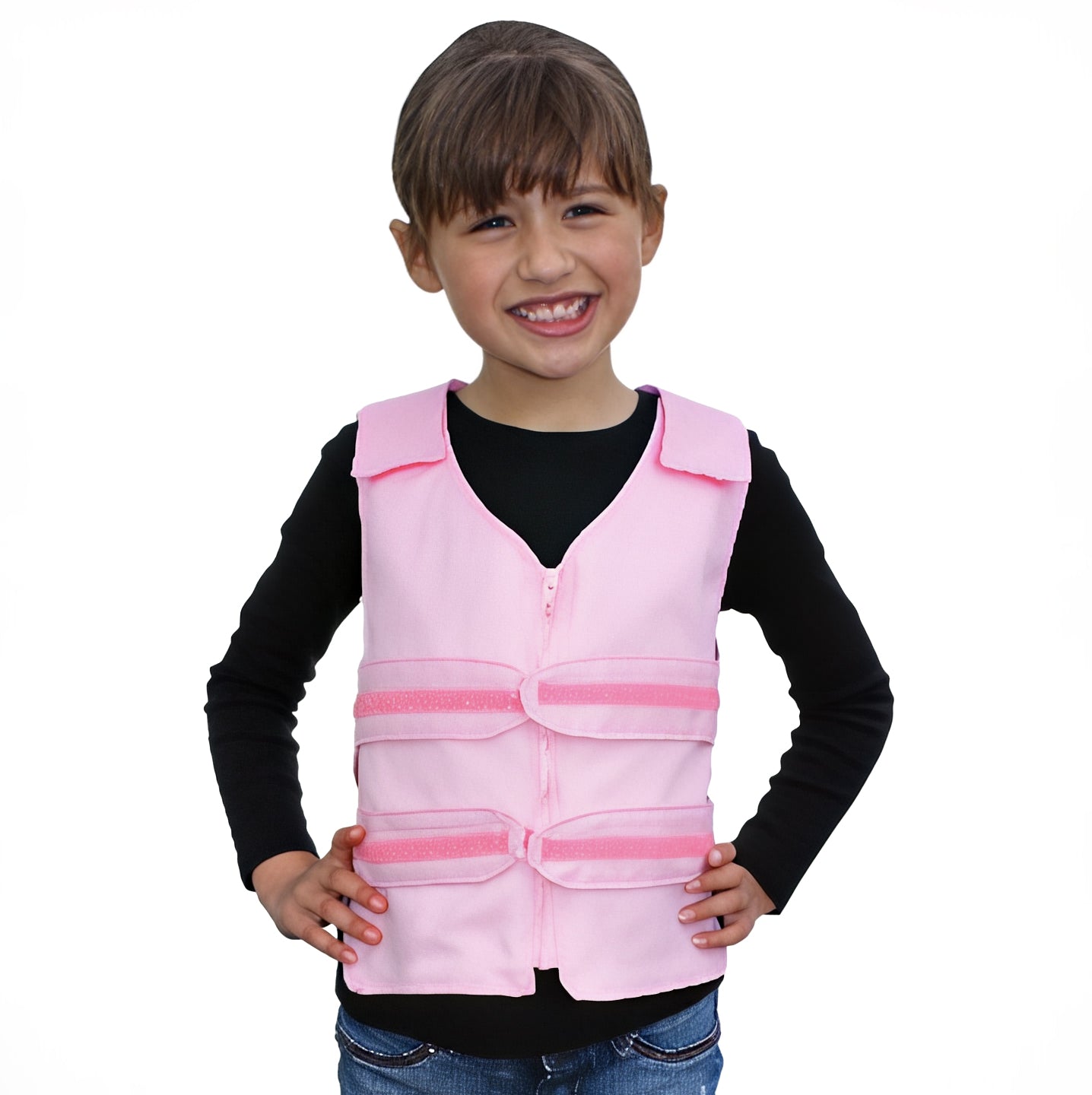 Child wearing a pink adjustable cooling vest on a white background