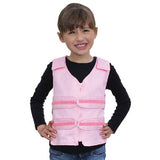 Child wearing a pink adjustable cooling vest on a white background