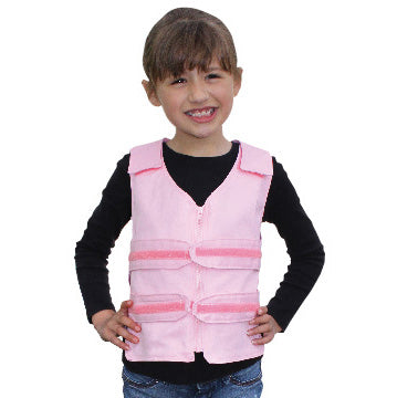 Child wearing a pink adjustable cooling vest on a white background