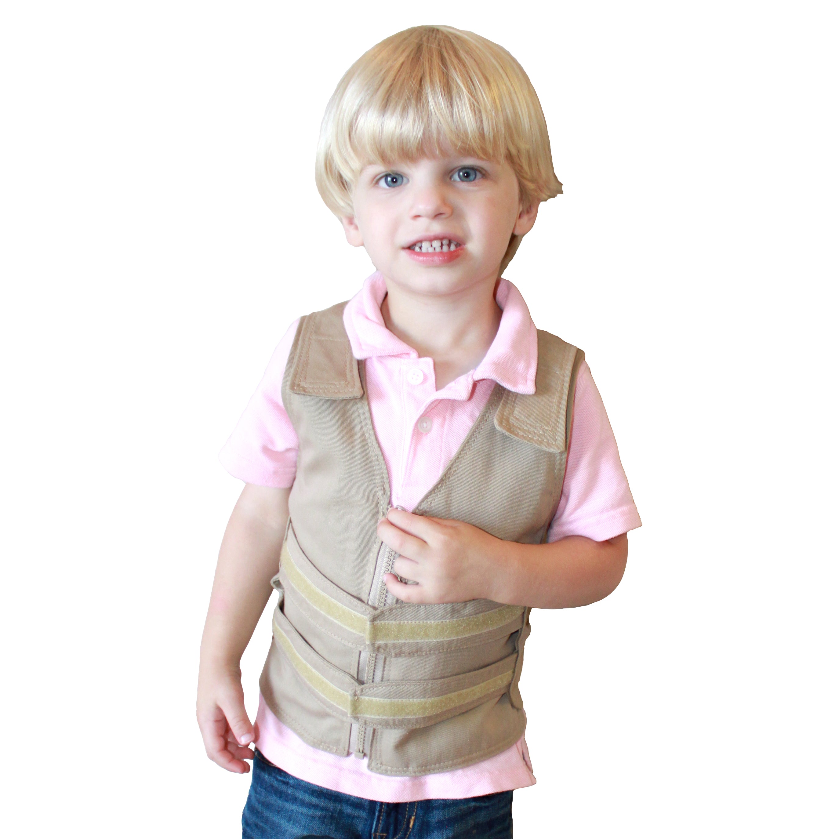 Toddler wearing a beige Cool Kids™ Toddler Cooling Kit with Vest, Neck Wrap, Extra Packs over a pink shirt on a white background