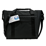A black Polar Soft-Sided Cooler bag with dual top handles, a front zippered pocket, and adjustable shoulder straps, shown on a plain white background with a product tag attached.