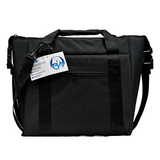A black Polar Soft-Sided Cooler bag with dual top handles, a front zippered pocket, and adjustable shoulder straps, shown on a plain white background with a product tag attached.