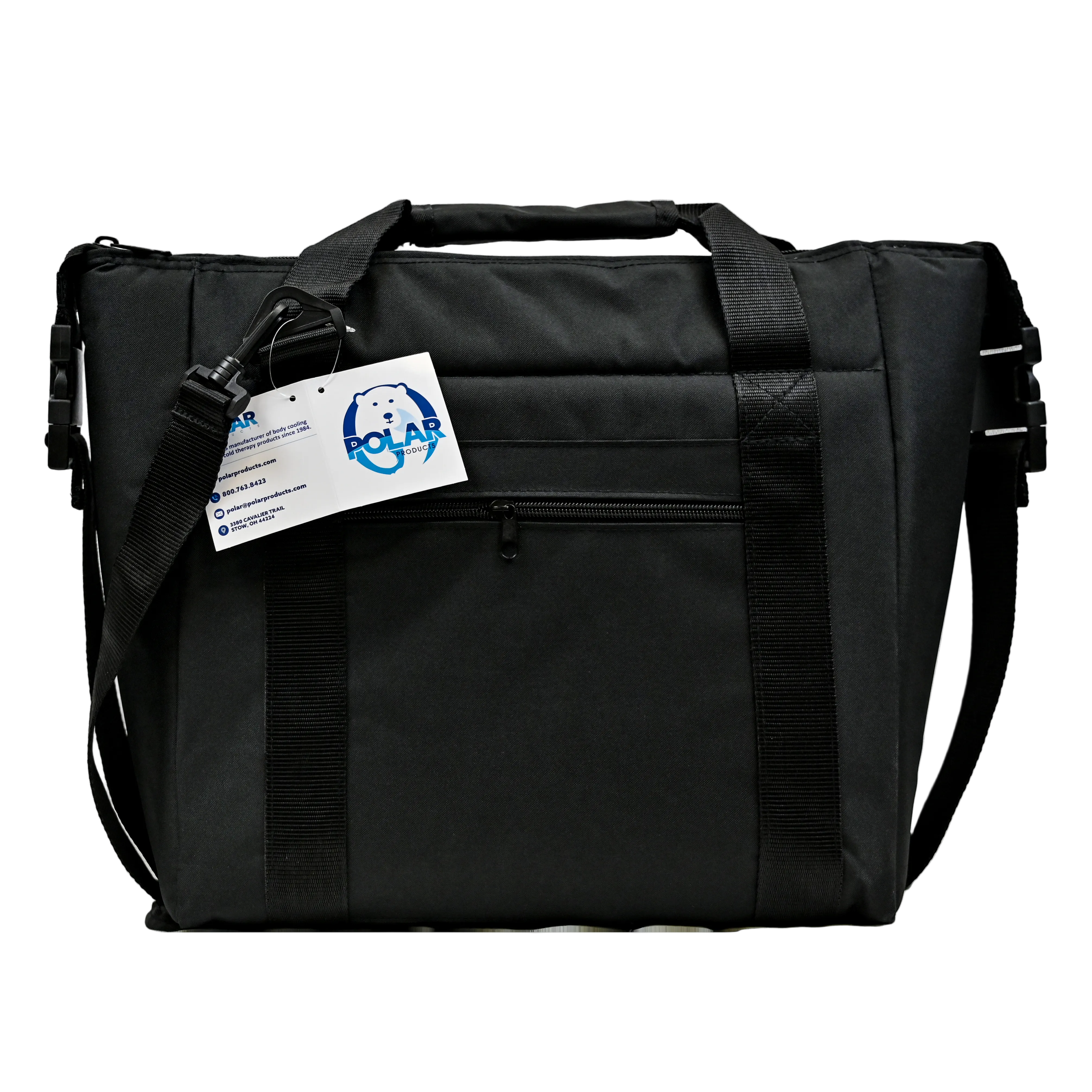 A black Polar Soft-Sided Cooler bag with dual top handles, a front zippered pocket, and adjustable shoulder straps, shown on a plain white background with a product tag attached.