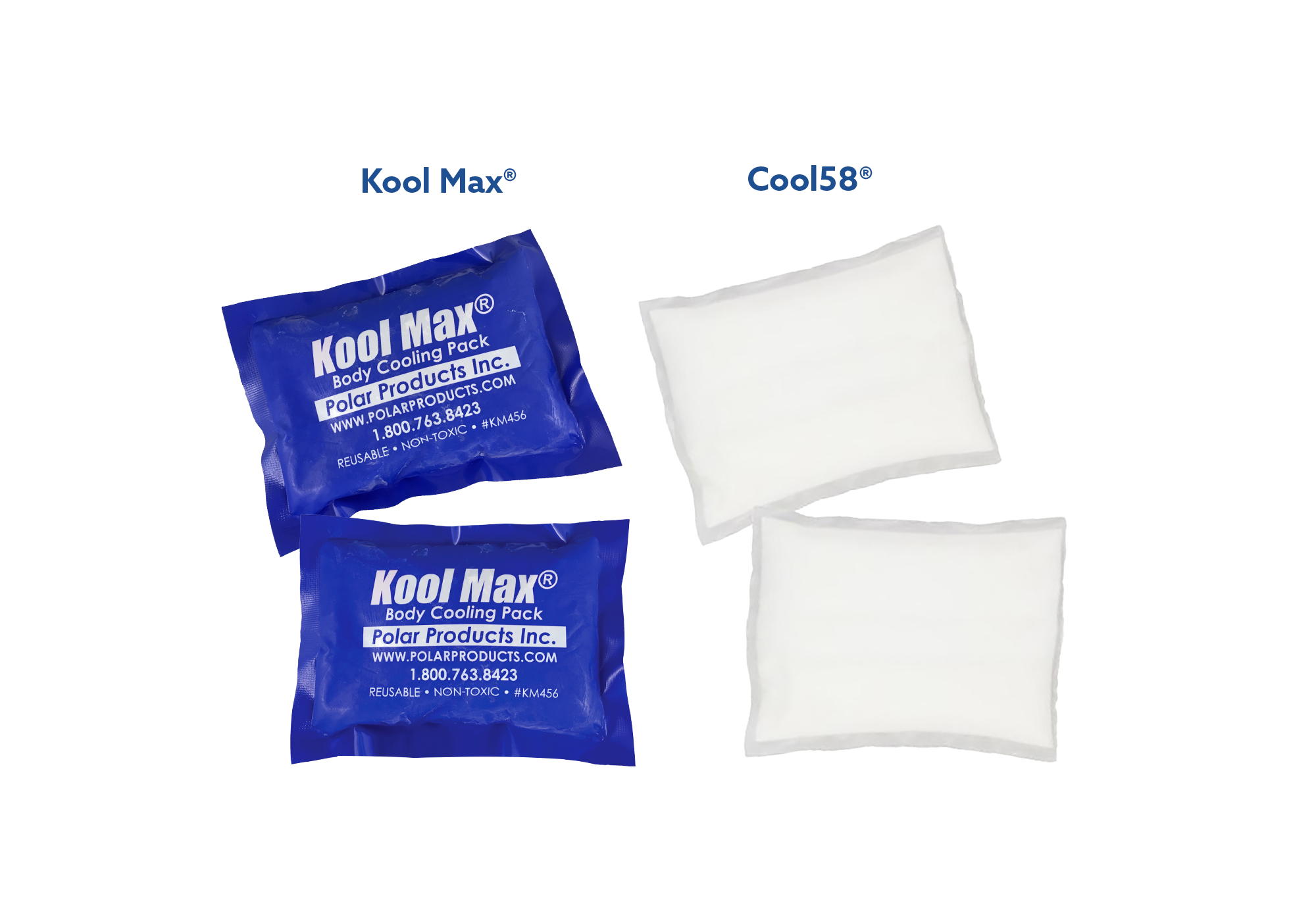 Two blue Kool Max body cooling packs and two white Cool58 cooling pads on a white background.