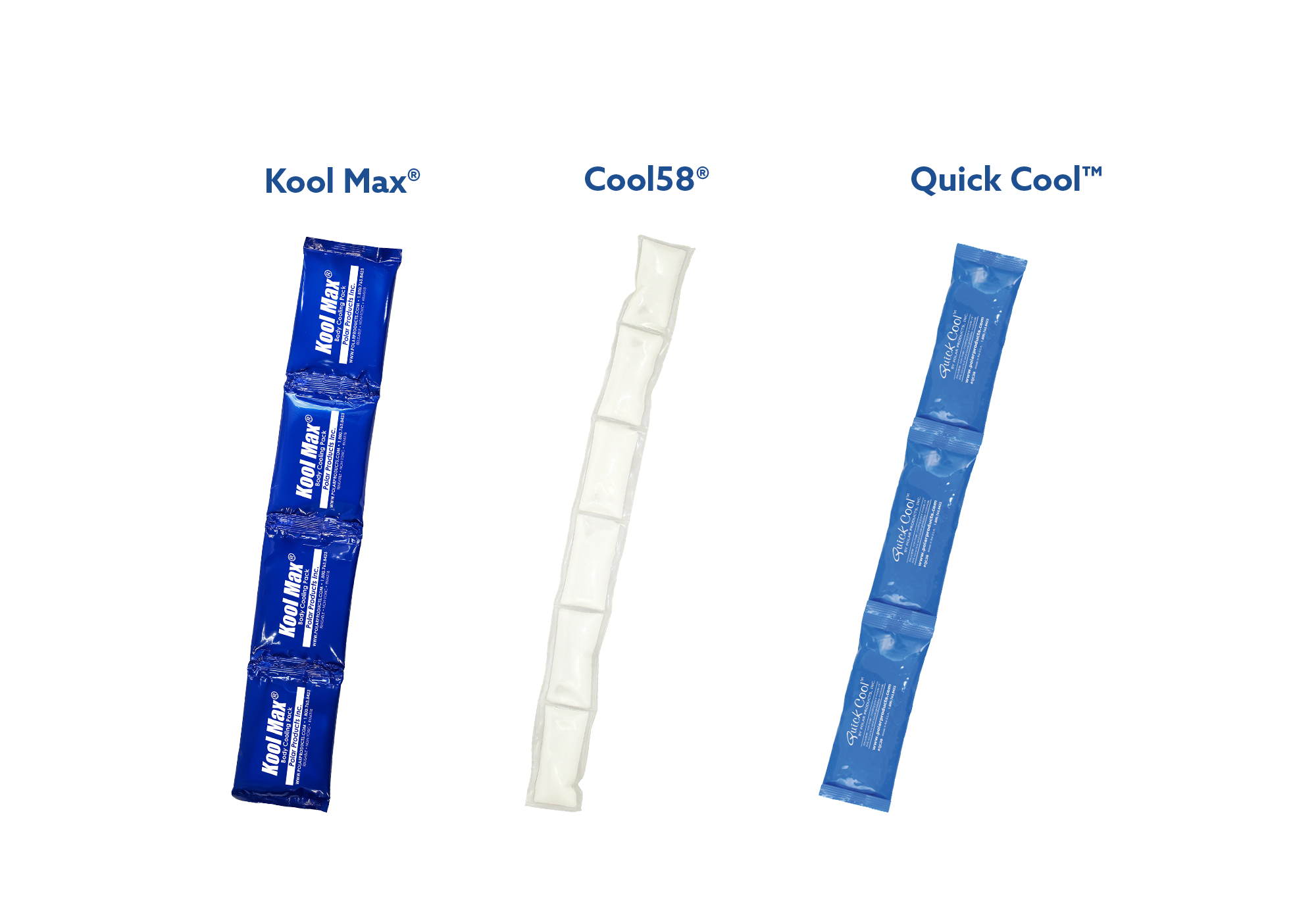 Three cooling products labeled Kool Max, Cool58, and Quick Cool on a white background.
