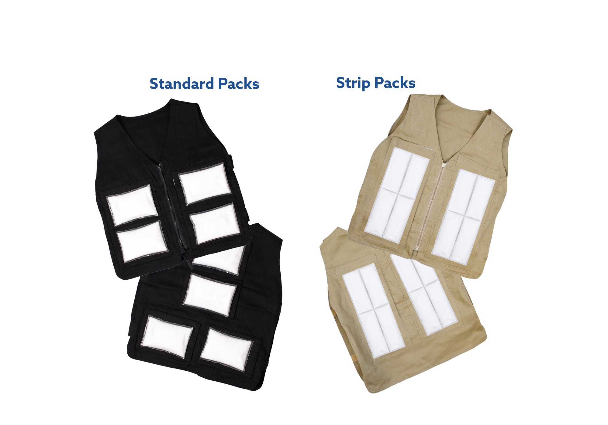 Two vests, one black and one beige, labeled 'Standard Packs' and 'Strip Packs' respectively.
