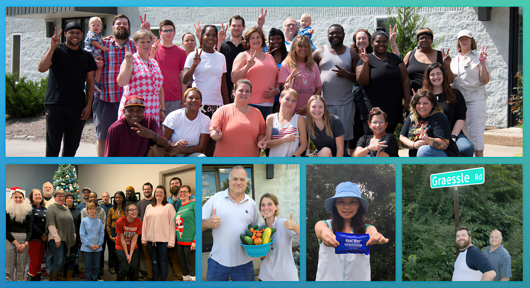 A collage of multiple outdoor and indoor group photos featuring a diverse group of people smiling, posing, and celebrating. Some panels show people in front of a house, one shows a Christmas tree and holiday group, one shows a person holding a basket of vegetables, and one shows a street sign reading Graessle Rd.