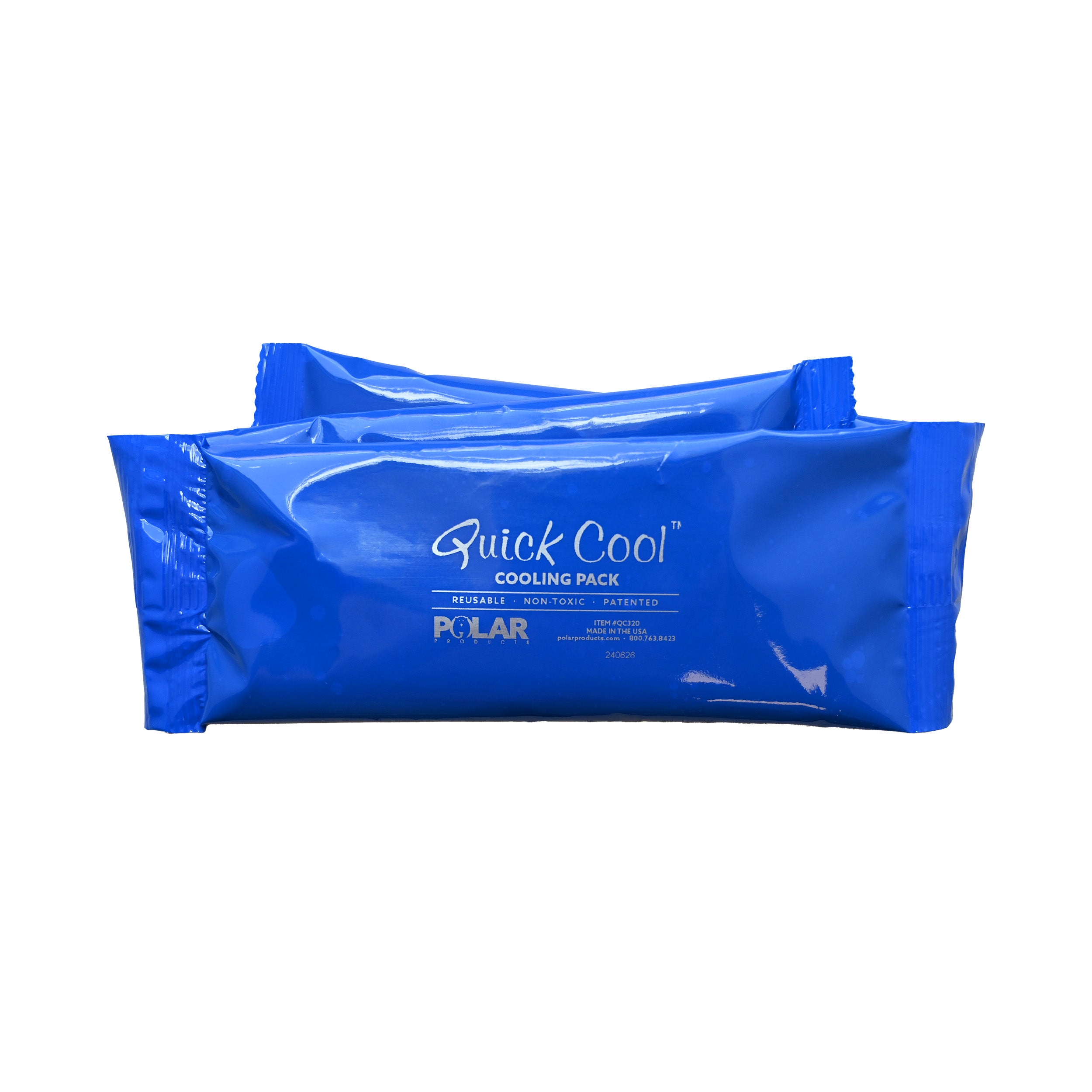 A folded up Quick Cool™ cooling pack that's blue, photographed on a white background.