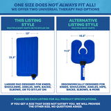 Comparison of two blue therapy pads with dimensions and descriptions on a blue and white background.