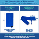 Comparison of two back & hip therapy pads with dimensions and descriptions on a white background.