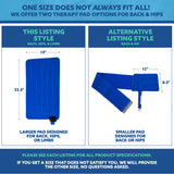 Comparison of two back & hip therapy pads with dimensions and descriptions on a white background.