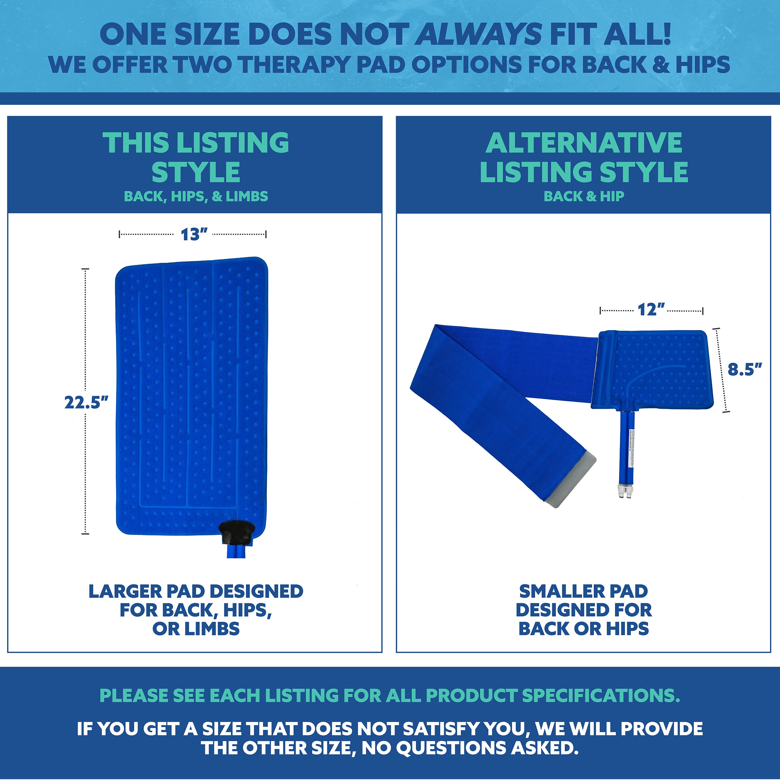 Comparison of two back & hip therapy pads with dimensions and descriptions on a white background.