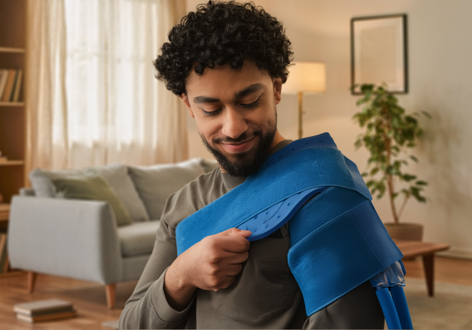 A man adjusts a broad shoulder pad in a living room