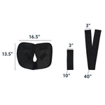 Black shoulder compression wrap with detached elastic and velcro straps and dimensions on a white background. 