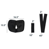 Black shoulder compression wrap with detached elastic and velcro straps and dimensions on a white background. 