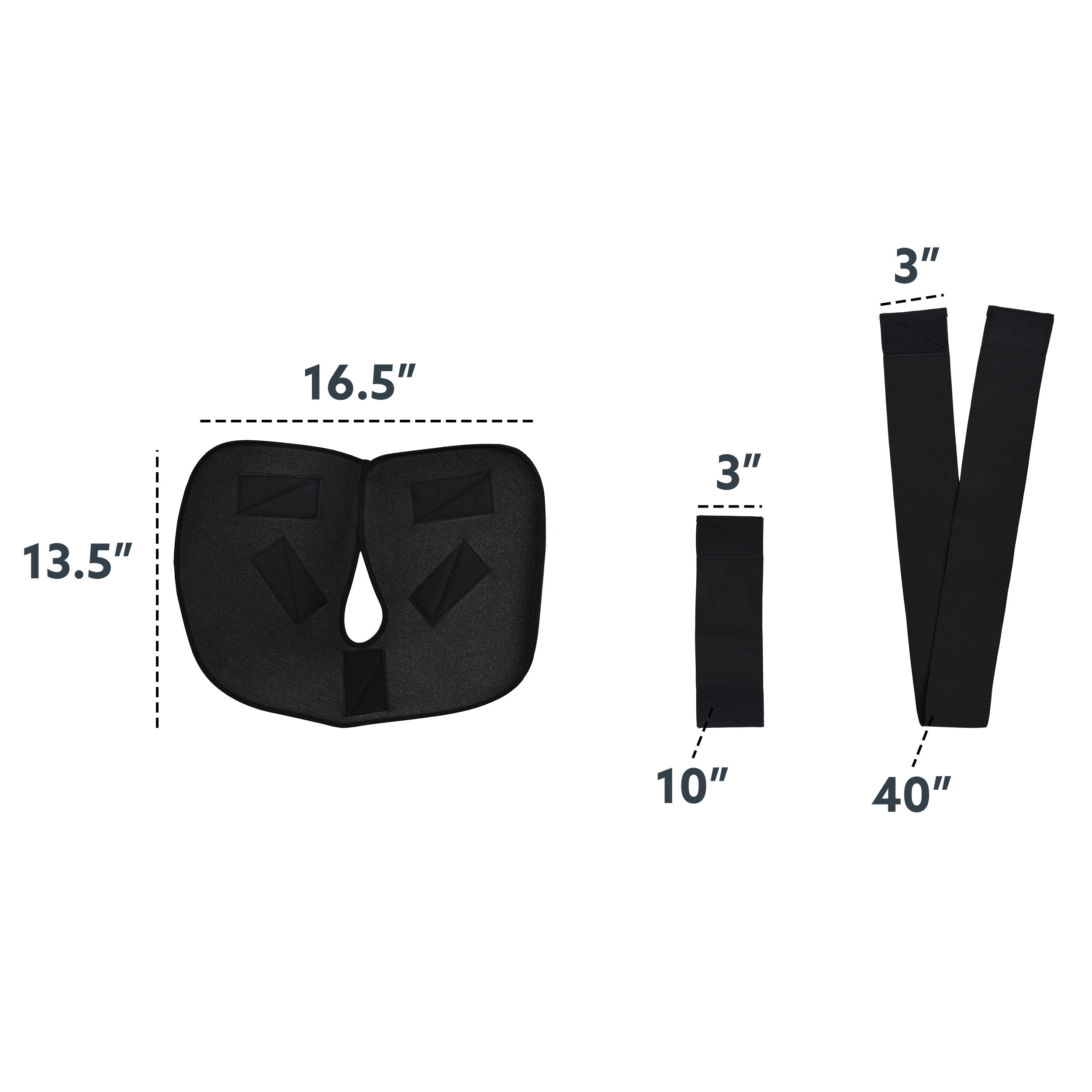 Black shoulder compression wrap with detached elastic and velcro straps and dimensions on a white background. 