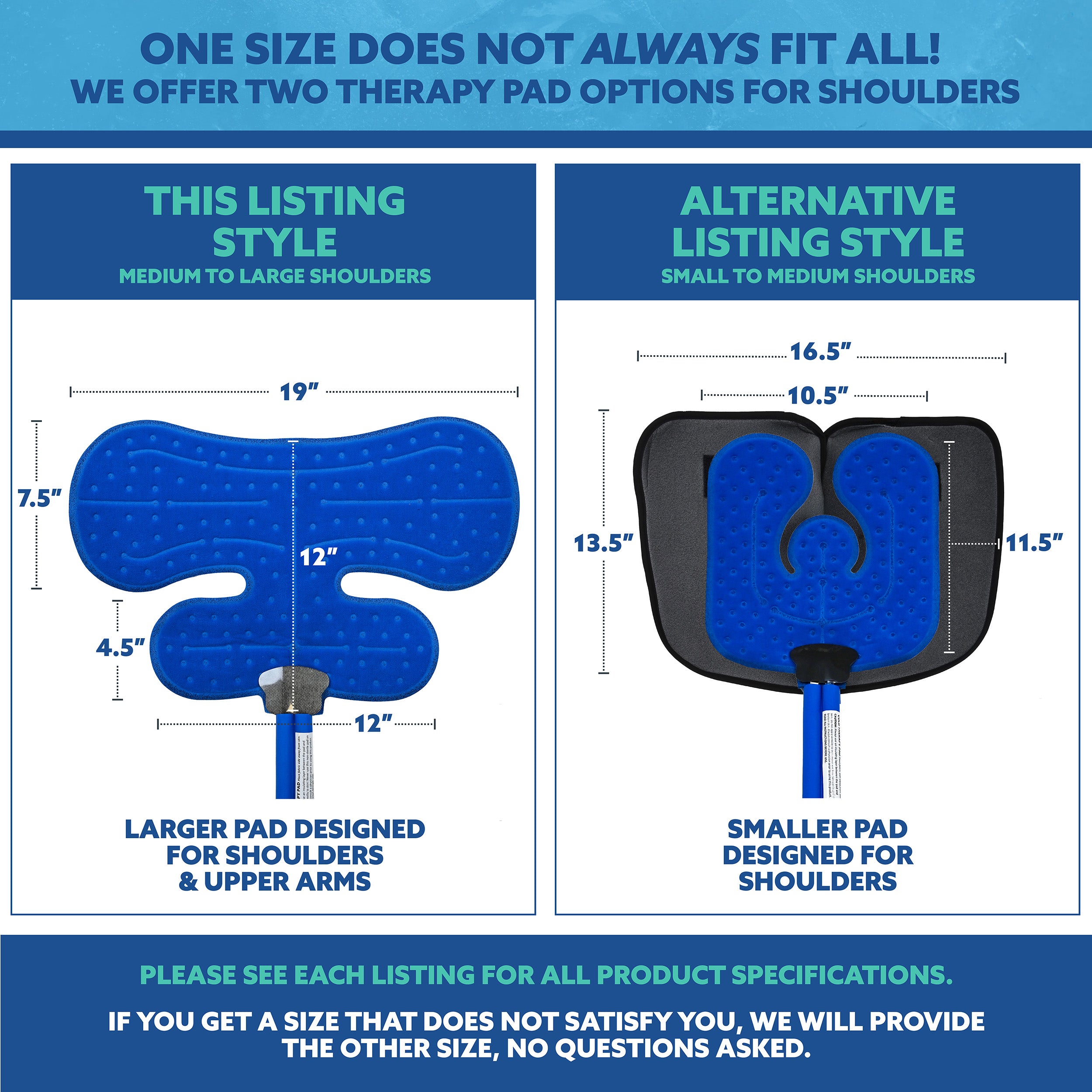 Comparison chart of two therapy pad options for shoulders with measurements.