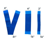 Three separate blue elastic and velcro straps with dimensions on a white background.