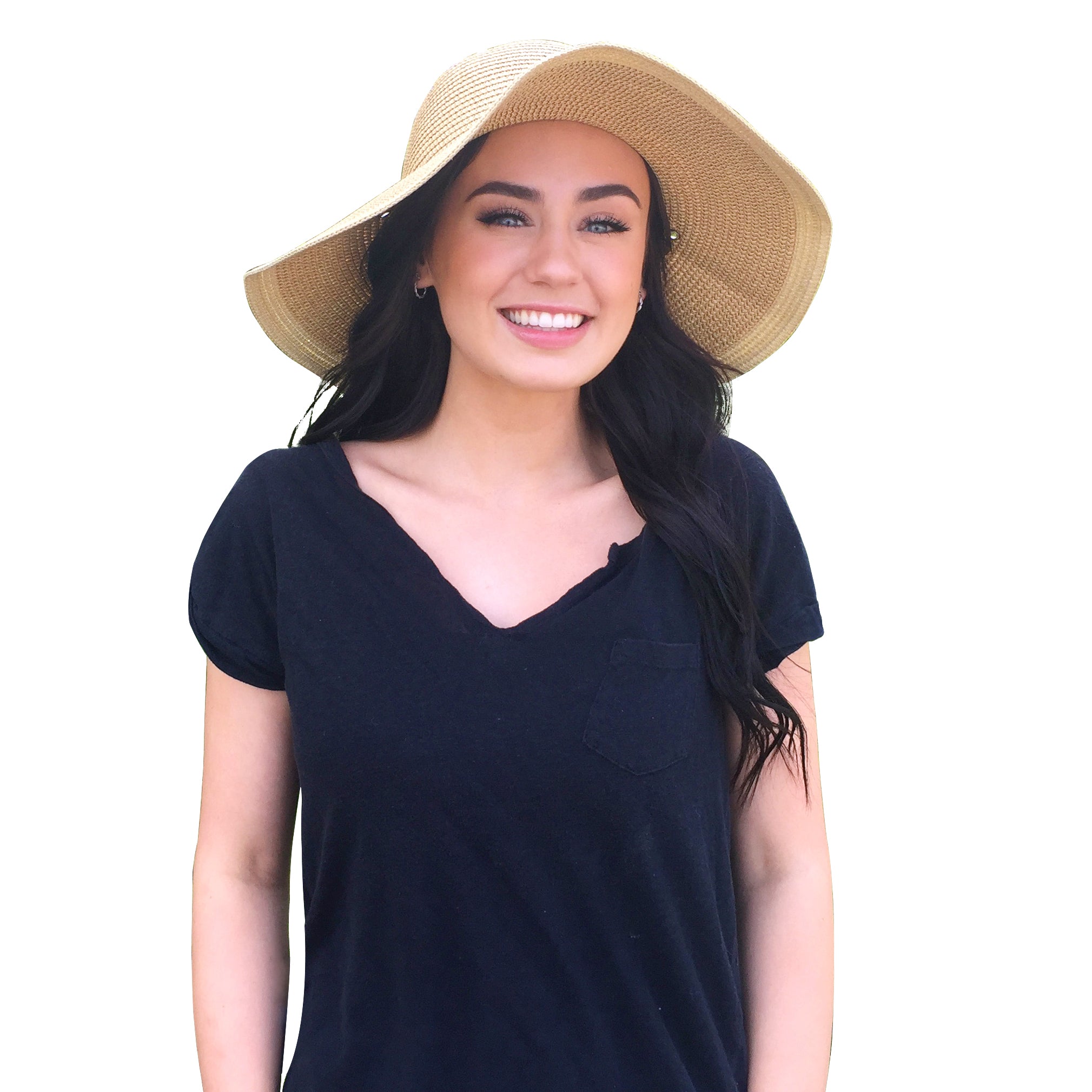 A smiling woman with dark hair wearing a cooling straw hat with a dark t-shirt on a white background.