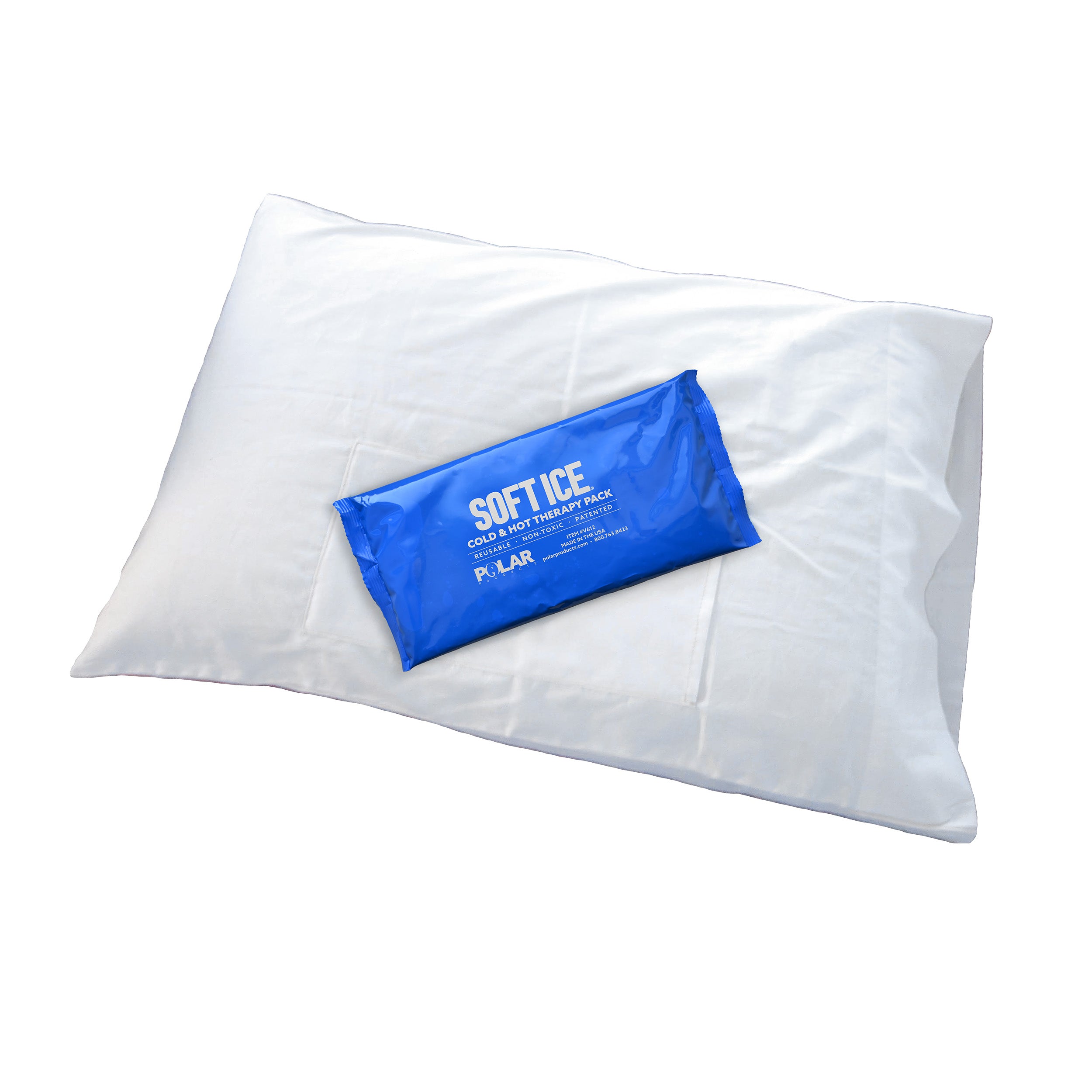 Blue Soft Ice® cold & hot therapy pack on a pillow with a white background