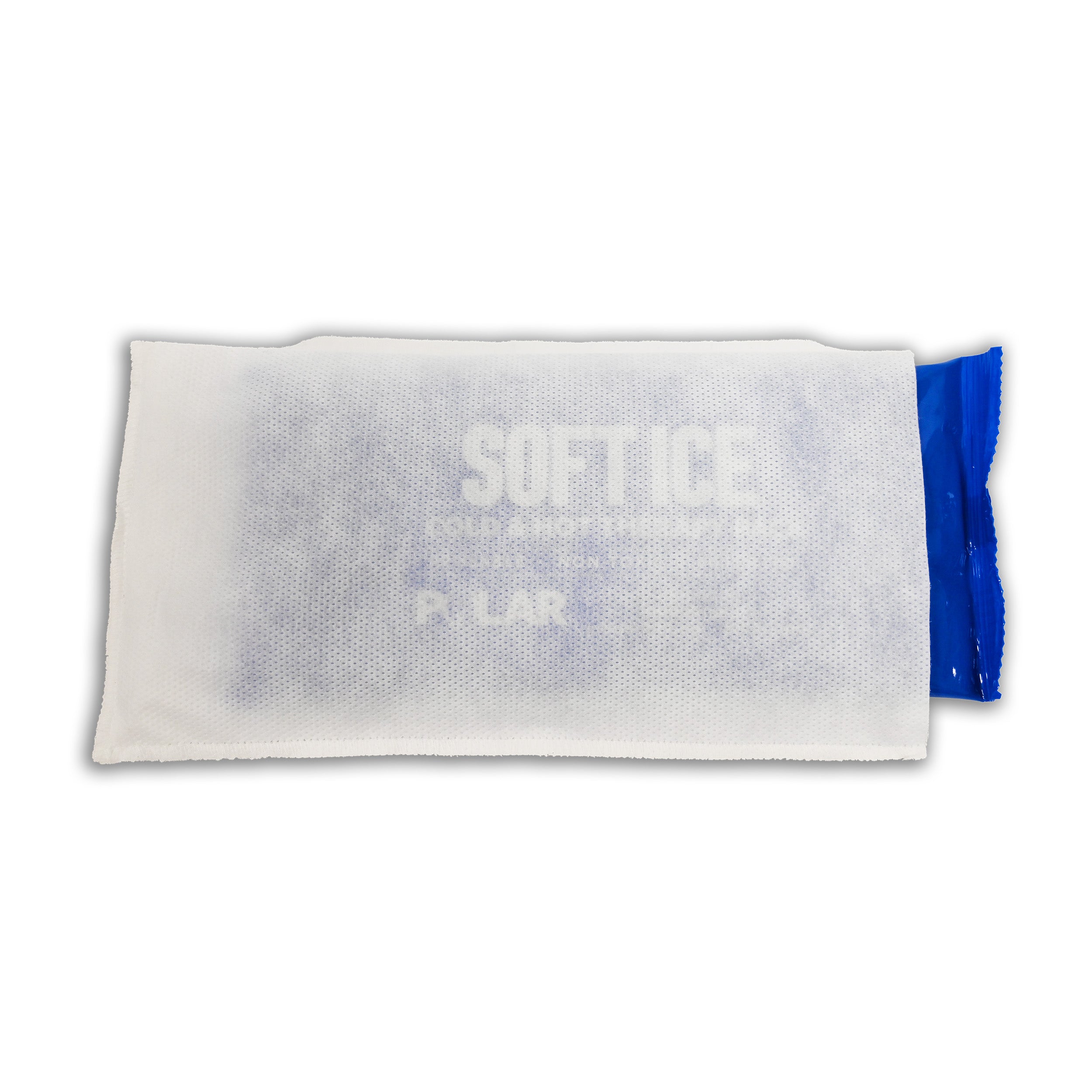 A rectangular white fabric cover with a blue Soft Ice® cold/hot therapy pack inside, shown against a plain white background.
