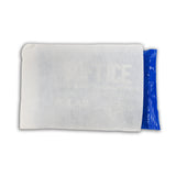 A rectangular white fabric cover with a blue Soft Ice® cold/hot therapy pack inside, shown against a plain white background.